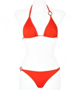 Chic bikini in fine, reddish orange nylon stretch - Classic triangle style with decorative metal link rings at neck and hips - Tie fastenings at halter neck and back - Nearly full coverage at rear, briefs sit comfortably at hips - Sophisticated and sexy, fits true to size - A must for your next beach getaway