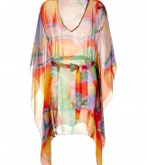 Luxe caftan in ultra-fine pure, orange silk - Diaphanous, airy chiffon drapes beautifully - Vibrant, exotic multicolor print - Deep V-neck and dramatic, oversize batwing sleeves - Tie belt cinches waist - Mini style hits well above the knee - Sensuous and glamorous, a must for your next getaway - Pair with white jeans and sandals or your favorite bikini