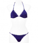 Luxe bikini in fine, synthetic fiber blend - Especially comfortable and flattering, thanks to a generous amount of stretch - Vibrant in violet blue with multicolor braided ribbon trim - Triangular halter top with adjustable cups ties at back and nape of neck - String brief offers modest coverage at rear - Sexy and fun, a must for you next vacation or beach getaway - Wear solo or layer beneath a caftan and pair with wedge sandals