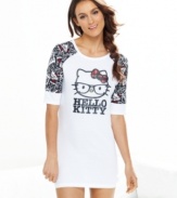 Snuggle up in this comfortable and fun Hello Kitty Nerds sleepshirt. A cute, nerdy Hello Kitty screen print adorns the front and is printed on the patterned sleeves.