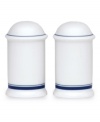 Named for a trendy Copenhagen neighborhood but designed with timeless style, Christianshavn Blue salt and pepper shakers feature a double band of navy in pristine white porcelain. From Dansk.