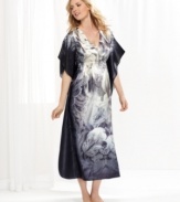 One World's Maxi caftan is loose, flowy, and fancy. With an elegant lace print and an easy v-neck, this floor-length style is nothing but comfortable.