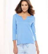 Lounge around in easy style. Nautica's Split Neck 3/4 Sleeve Top is made of super soft cotton and features a designer logo at the bottom left.