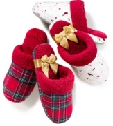 For fireside nights or shower-fresh mornings. Slip your feet into the festive and cozy Holiday Lane slippers by Charter Club.