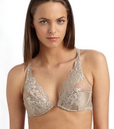 This sophisticated lace design combines a plunging neckline with a contemporary triangular silhouette, finished with a unique cutout back and racerback straps.Lace front with scalloped edges Lightly padded bottom cups with underwire Crossback with slim adjustable straps Keyhole back hook-and-eye closure Back metal logo tag 90% polyamide/10% elastene Hand wash Imported