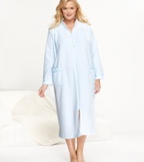 The coziness of terry cloth and the silkiness of satin. Relax freely in this plus size robe by Miss Elaine, featuring a zip front for easy on and off.