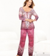 Casual comfort with an elegant twist. One World dresses up these perfectly lounge-worthy pajamas with a print of lace and dripping jewels.