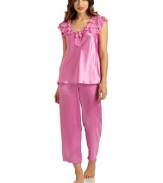 THE LOOKTiers of chiffon ruffles adorn the yoke and cap sleevesV-neck with center chiffon bowSatin bodySatin drawstring waist pajama pantsTHE FITTop: about 25 from shoulder to hemPants: rise, about 10; inseam, about 26THE MATERIALPolyesterCARE & ORIGINMachine washImported