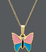 The perfect gift for the little girl who loves butterflies. This sweet pendant features a splash of pink and blue enamel set in 14k gold. Approximate length: 16 inches. Approximate drop: 1/2 inch.