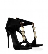 These strappy sandals are super-sexy with a modern-glam look that turns any outfit into a wow - Features center bridge strap of gold-color triangular blocks connecting to an elegant ankle cuff - Ultra-high stiletto - Pair with a cocktail dress, leather pants or a tube skirt