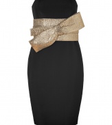 Perfect for your most festive events, Notte by Marchesas black and gold bow dress makes a stunning statement on after-hours glamour - Strapless, hidden back zip, kick pleat, reinforced lining around the bust with boning and inside back zip for support, silicone band around the top for hold - Form-fitting - Team with jet black accessories and sparkling fine jewelry