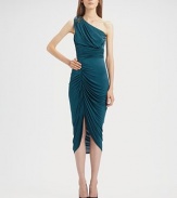 Ruching, beading on the shoulder and an asymmetrical hem with a front slit creates a sultry cocktail party look.One shoulder Draped bodice Side zip closure Gathered waist Ruched skirt About 24 from natural waist 94% acetate/6% spandex Dry clean gently; protect beading Made in USA of imported fabric