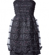 Black multi-layered cocktail dress in cotton - with feminine mini tiers - futuristic multi color garden print - knee length - zipper at the side - tight no-shoulder bodice top - nicely waist fitted - cool with ankle boots or boots - a dress for the upcoming party season