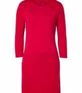 Liven up your business look with Majestics bright carmine red jersey dress, the perfect partner for tailored blazers and chic printed scarves - Rounded neckline, 3/4 sleeves, hidden zip at nape - Form-fitting - Team with flats and oversized carryall totes for work