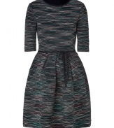 With its sweet fitted bodice and feminine full skirt, Missoni Ms mini-striped knit dress counts as one of our fall favorites - Round neckline with black knit trim, elbow-length sleeves, black self-tie sash around the waist, pull-over style - Fitted top, full skirt - Wear with platform loafers and an oversized tote for work