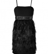 Inject an edge of drama into your glamorous Little Black Dress collection with Steffen Schrauts ostrich feather detailed frock, the perfect choice for fancying up your most festive evening affairs - Adjustable spaghetti straps, pleated bodice, embellished waistband, ostrich feather detailed skirt, hidden back zip - Form-fitting - Wear with heels and a dusting of fine jewelry