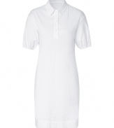 With its timeless classic styling and streamlined look, Jil Sander Navys white stretch cotton shirtdress is a work and weekend essential staple - Classic collar, gathered short sleeves, elasticized cuffs, partial button placket, slit sides - Loosely tailored fit - Wear with chic flats and an oversized leather tote