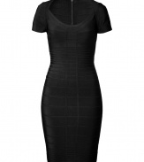 Luxurious dress in black stretch rayon - Famous, stunningly cut stretch dress from the atelier of Herve Leger - The cut is really simple, with a V-neck d?collet?, cap sleeves, pencil skirt. the key lies in the clever combination of strips of fabric in varying widths which make you look totally slim - The dress is cut sharply figure-hugging and molds amazing Hollywood curves - Practical back zip - A dream of a dress for women who have the courage to be in the limelight - Pair with black pumps and a suitable clutch