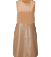 Sophisticated cognac silk and leather shift dress by Raoul - This wonderfully chic dress is flattering and feminine - Lovely pleated silk top with luxurious leather A-line skirt - Sleeveless high neck silhouette with a back zip closure - Pair with ribbed tights, wedge platform heels, and a luxe boyfriend cardigan