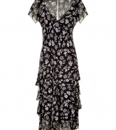 Add feminine flair to your daytime or cocktail-ready look with this chic dress from Polo Ralph Lauren - V-neck, short flutter sleeves, tiered shirt with asymmetrical hem, all-over floral print - Pair with opaque tights, a slim trench, and platform heels