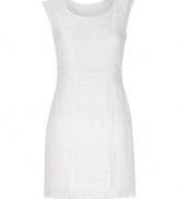 Elegant sheath dress in fine, pure white viscose - Sleeveless style with slim, embroidered lace panels and hem - Round neck, zips at side - Fitted silhouette tapers gently at waist, hits above knee - Sweet and stylish, easily dressed up or down - Pair with peep toe pumps and a clutch or go for a more casual look with flat sandals and a raffia tote