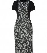 Bring ladylike sophistication to your day or night look with this lovely printed frock from Burberry Brit - Round collar, short sleeves, printed with contrasting solid side panels, exposed back zip closure - Pair with fishnets, platforms, and an embellished clutch