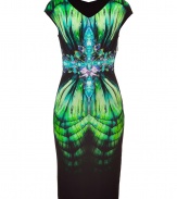 With a sci-fi inspired Technicolor print and a flattering figure-hugging fit, this cocktail-ready dress from Roberto Cavalli is double take-worthy - Rounded V-neck, cap sleeves, sculptural tailored pleating at front and back waist with brass-tone charm, fitted silhouette, concealed side zip closure, printed front - Style with a slim trench, sky-high platforms, and a studded clutch