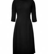 Chic day to evening looks get a luxe, feminine finish with Jil Sanders gathered back flared wool sheath dress - Boat-neckline, 3/4 sleeves, tailored with a back sash, fitted top, full skirt - Pair with heels or sleek suede ankle boots