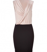 Work a feminine edge into your workweek staples with Akikos softly draped combo dress - Wrapped V-neckline, draped bodice, sleeveless, gathered shoulder and yolk detail, elasticized waist, pull-over style - Softly draped top, form-fitting skirt - Wear with a blazer and flats to work, or dress up for cocktails with a leather jacket and heels