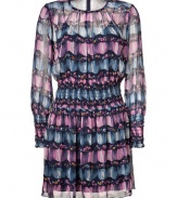 Both playful and sweet with its pastel-hued print, Anna Suis long sleeve silk dress is a fun choice for dressing up your workweek look - Round neckline, long sleeves, fitted cuffs and elasticized waistline, hidden back zip, spaghetti strap slip lining - Loosely fitted - Wear with a sleek leather clutch and ankle boots