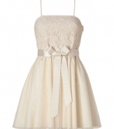 Perfect for your most special event, Valentino R.E.D.s ivory lace combo dress lends a pristine lady-chic polish to your look - Spaghetti straps, lace bodice, tulle skirt overlay, grosgrain self-tie sash, belt loops, hidden side zip - Fitted top, full skirt - Wear with heels and a shimmering metallic clutch