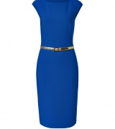 Effortless elegance is easily achieved with this bold-hued wool-blend sheath dress from Michael Kors - Bateau neckline, abbreviated cap sleeves, metallic snake-embossed leather belt, pencil skirt, figure-enhancing seam details, back slit, concealed back zip closure - Fitted silhouette - Style with strappy pumps, a sleek evening trench, and an embellished clutch