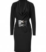 Inject sultry yet sophisticated style into your workweek look with this draped and belted dress from Michael Kors - Cowl neckline, long sleeves, wide draped waist belt with dual buckles and leather details, knee-length skirt, pullover style - Fitted draped silhouette - Pair with metallic heels, a faux-fur-lined coat, and a statement satchel