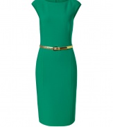 Effortless elegance is easily achieved with this bold-hued wool-blend sheath dress from Michael Kors - Bateau neckline, abbreviated cap sleeves, metallic snake-embossed leather belt, pencil skirt, figure-enhancing seam details, back slit, concealed back zip closure - Fitted silhouette - Style with strappy pumps, a sleek evening trench, and an embellished clutch