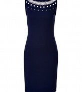 Inject an edge of modern elegance into your outfit with Moschinos ultra contemporary dot studded sheath - Boat-neckline with dot embellished trim, elasticized back with peplum, hidden side zip - Tailored silhouette - Wear with ladylike peep-toes and a statement clutch