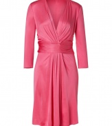 Ultra-feminine and extremely versatile, this draped silk frock from Issa goes from day-to-night effortlessly - Deep V-neckline with faux-wrap detail, three-quarter sleeves, wide draped waistband, skirt with draped detail, concealed side zip closure - Fitted draped silhouette - Wear with heels and a colorful printed clutch