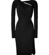 An ultra modern iteration of the Little Black Dress, Emilio Puccis asymmetrical cut-out detailed sheath is as contemporary as it is chic - Asymmetrical top with cut-out detailing, long sleeves, gathered waist with embellished hardware detail, slit side - Form-fitting - Wear with heels and a dusting of fine jewelry