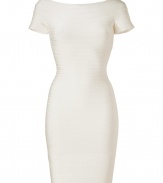 Cut a feminine figure after dark in this cocktail-ready off-the-shoulder dress from Herv? L?ger - Wide off-the-shoulder neckline, cap sleeves, bandage style with figure-hugging multi-panels, concealed back zip closure - Extra form-fitting - Style with jet black platform pumps and a statement clutch