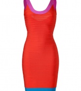 Strike a sultry pose in this perennial favorite cocktail-ready dress from Herv? L?ger, updated this season with a chic colorblock - Scoop neck, sleeveless, bandage style with figure-hugging multi-panels, concealed back zip closure - Extra form-fitting - Style with platform pumps and a statement clutch