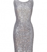 With a shimmer of allover sequinning and figure-hugging fit, Jenny Packhams sliver cocktail sheath is as eye-catching as it is exquisite - Scoop neckline, thick straps, low-cut back - Form-fitting - Wear with flawless heels and a statement metallic box clutch