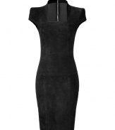 Work a dramatic edge into your Little Black Dress collection with Jitrois figure-hugging black suede sheath, a sultry choice both glamorous and exquisitely seductive - Square neckline, cap sleeves, exposed metal back zip - Form-fitting - Wear with heels and a sleek leather envelope clutch