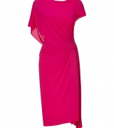 Elevate your cocktails collection with this exquisitely pleated draped dress from Donna Karan - Round neckline, asymmetrical cap sleeves with drape detail, V back with pleated side detail - Form-fitting - Wear with heels and a dusting of fine jewelry