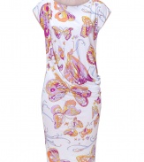 Set your style points soaring with Emilio Puccis whimsical butterfly print draped jersey sheath - Wide neckline, cap sleeves, gathered side detail - Loosely draped top, form-fitting skirt - Pair with bright pumps for a seamless transition from work to cocktails