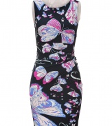 Set your style points soaring with Emilio Puccis whimsical butterfly print stretch silk sheath - Rounded neckline, thick straps, hidden side zip, gathered waist detail - Form-fitting - Pair with bright pumps and an oversized blazer for a seamless transition from work to cocktails