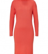 Detailed in a delicious shade of sorbet orange cashmere-silk, Ralph Lauren Blacks luxe knit dress is as uplifting as it is chic - Boat neckline, long sleeves, dropped shoulders, pull-over style - Form-fitting - Wear with heels and statement gold jewelry