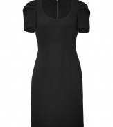 Work a ladylike edge into your cocktail frock collection with Steffen Schrauts pleated sleeve sheath - Scoop neckline, pleated short sleeves, hidden back zip, kick pleat - Tailored fit - Wear with heels and statement chunky jewelry