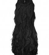 With a sleek yet dramatic look and cascading tulle detailed ruffles, Steffen Schrauts black cocktail sheath is the perfect party dress - Round neckline, cut-in shoulders, slit at nape with button closure, hidden side zip - Fitted - Wear with black heels and a glitter embellished box clutch