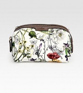 Infinity flora print canvas cosmetic case with zip closure.Mini infinity flora print canvas Leather trim Light fine gold hardware Top zip closure Interior pocket Medium size: 7W x 4.7H x 3.5D Made in Italy  DUE TO HIGH DEMAND, A CUSTOMER MAY ORDER NO MORE THAN 3 UNITS OF THIS ITEM EVERY THIRTY DAYS. 