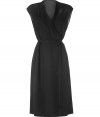 Luxe dress in black silk - material has an elegant, airy quality - narrowly draped look with feminine V-neck decollete and figure enhancing belted waist - sleeveless - pleasant knee-length skirt - simply a dream of a dress, sophisticated, impressive and sensationally elegant - timesless style that will never go out of date, but it and wear it forever - wear it exclusively with sandals, peep toes or platform pumps