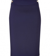 Elevate your party-ready separates with this figure-hugging pencil skirt from Versace - Wide waistband with logo button detail, pencil silhouette, back vent, concealed back zip closure - Style with a tie-neck blouse, a blazer, and platform heels